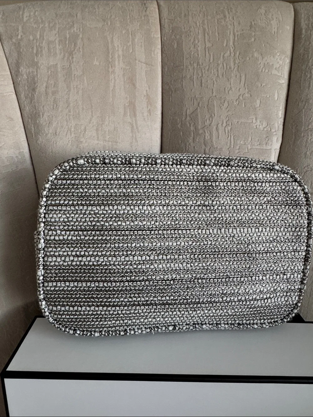 CHANEL Silver Metallic Woven Cosmetic Case with Gold Logo